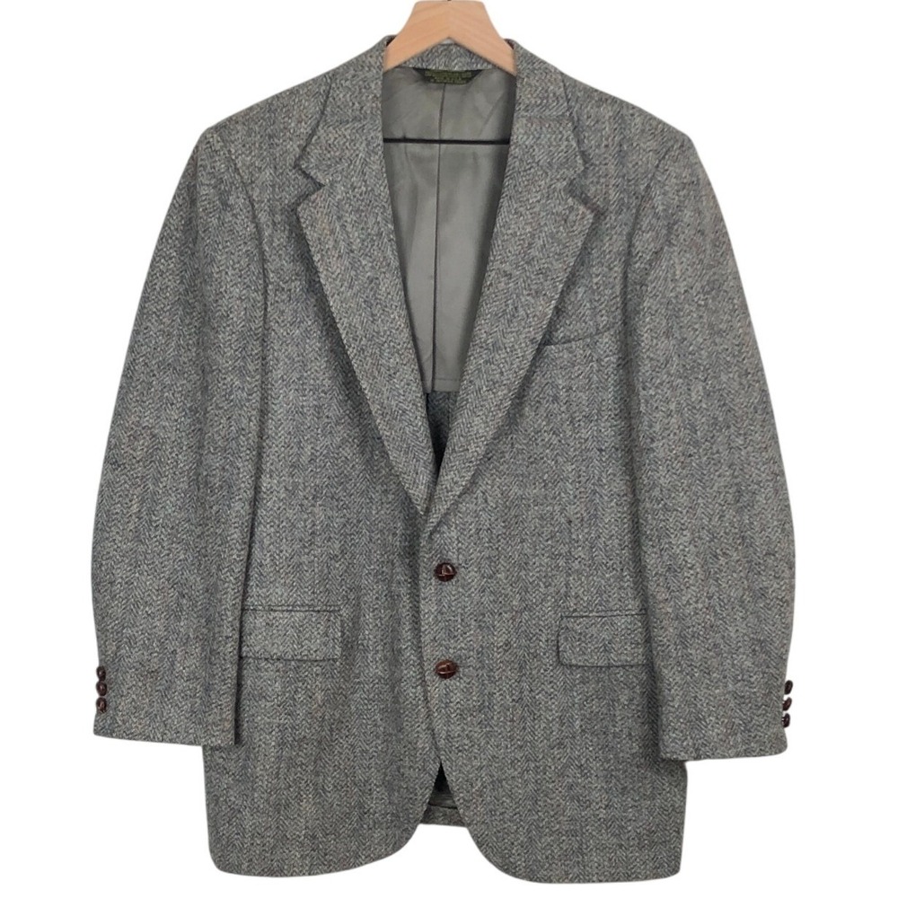 VTG American Trend Harris Tweed Herringbone Wool Blazer Sport Coat Sz 42R Gray